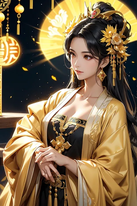 Black Hair, Immortal, Beauty, Royal sister, Stepmother, Gold Yellow Taoist robe, Golden Phoenix Coronet, Hair Bunch, Beautiful  ...