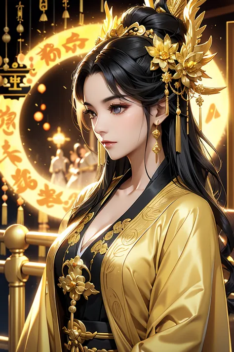 Black Hair, Immortal, Beauty, Royal sister, Stepmother, Gold Yellow Taoist robe, Golden Phoenix Coronet, Hair Bunch, Beautiful  ...