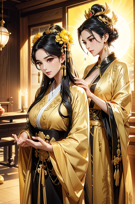 Black Hair, Immortal, Beauty, Royal sister, Stepmother, Gold Yellow Taoist robe, Golden Phoenix Coronet, Hair Bunch, Beautifulbr...