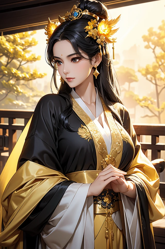 Black Hair, Immortal, Beauty, Royal sister, Stepmother, Gold Yellow Taoist robe, Golden Phoenix Coronet, Hair Bunch, Beautifulbreasts, Mature Woman，Sunshine