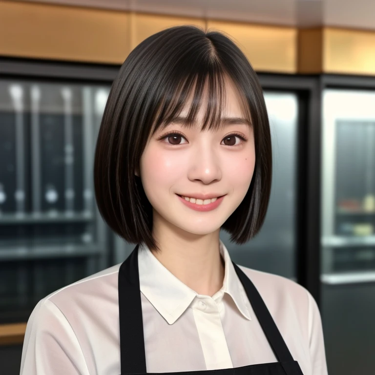 (kawaii 18 year-old Japanese girl, Nogizaka idol, Korean idol, highschool student), healthy female athlete body, (glossy black hair, short hair, pixie cut, bangs:1.3), (rounded face, pure black eyes, single eyelid, no makeup, best smile:1.2), (collared shirt unbuttoned, apron:1.3), extra small breasts, BREAK, (traditional europian cafeteria background, antique:1.3), (dynamic angle, bust shot:1.2),  BREAK, (masterpiece, best quality, photo realistic, official art:1.4), (UHD, 8K quality wallpaper, high resolution, raw photo, golden ratio:1.3), (shiny skin), professional lighting, physically based rendering, award winning, (highly detailed skin, extremely detailed face and eyes), Carl Zeiss 85 mm F/1.4, depth of field, 1girl, solo,