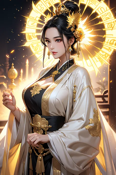 Black Hair, Immortal, Beauty, Royal sister, Stepmother, Gold White Taoist robe, Golden Phoenix Coronet, Hair Bunch, Big Breasts ...