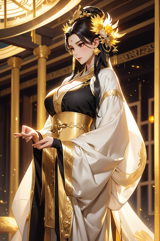 Black Hair, Immortal, Beauty, Royal sister, Stepmother, Gold White Taoist robe, Golden Phoenix Coronet, Hair Bunch, Big Breasts , Mature Woman，Sunshine