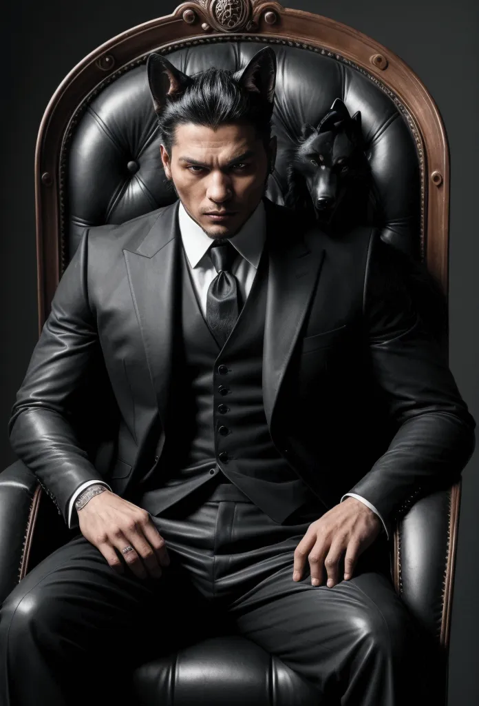 this is a gangster with a wolf&#39;s head and a human body.，he was wearing a neat black suit.，sitting in a black leather chair，d...