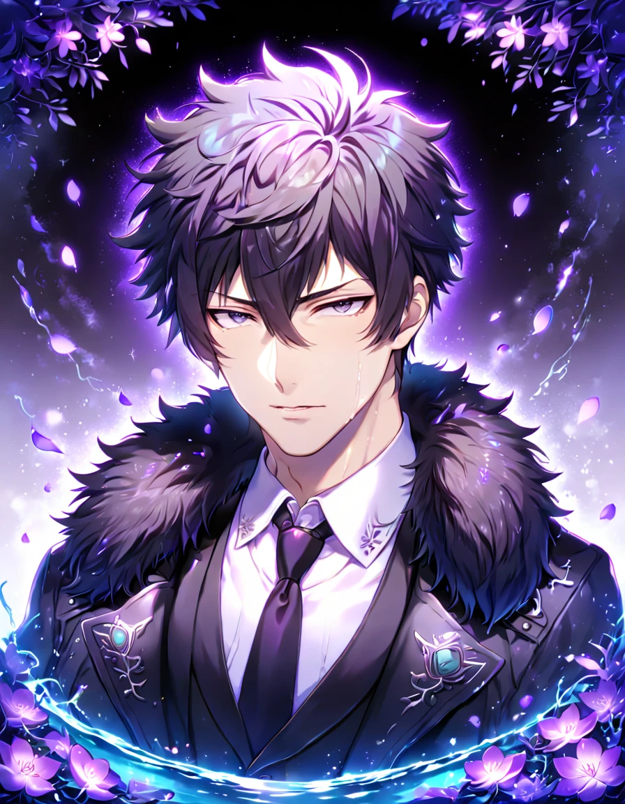 Ultra detailed, HDR, Highres, absurdres, master piece, Kougami Shinya, black hair, expressive gray eyes, black coat with a fur collar, black necktie, white shirt, Psycho Pass, sexy man, handsome, purple flowers, petals, fantasy, magical, purple leaves, handsome, best quality, glittering, manly man, sensual, horny, water, purple shining fireflies,