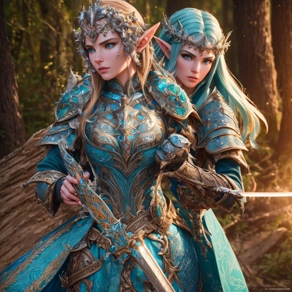 A highly detailed, 1girl, cinematic portrait of a wood elf paladin, standing with a long sword in both hands, wearing a tight, Light blue silver armor, with light green skin, in the style of Baldur's Gate and Dungeons & Dragons, (best quality, masterpiece:1.2), ultra-detailed, (realistic, photo-realistic:1.37), extremely detailed face and eyes, beautiful detailed lips, extremely intricate armor, ornate sword, dramatic lighting, cinematic composition, deep forest background, warm color tones, glowing energy effects, photorealistic, 4k, 8k, highres