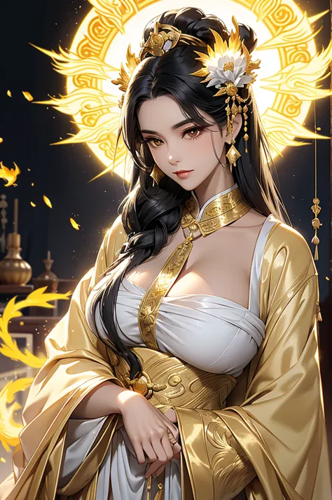 Black Hair, Immortal, Beauty, Royal sister, Stepmother, Gold White Yellow Taoist robe, Golden Phoenix Coronet, Hair Bunch, Big B...