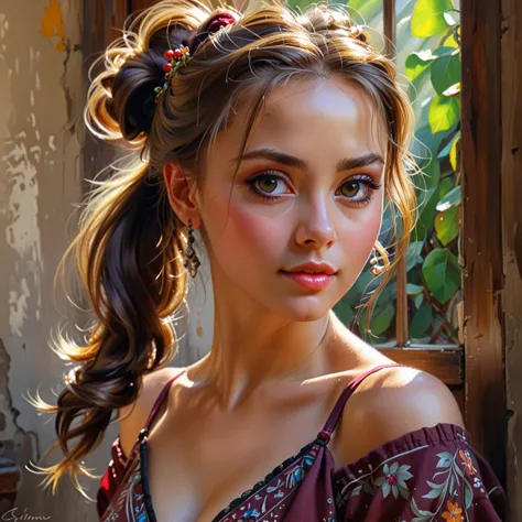 konstantin razumov's style, vladislav nagornov's drawing, wonderful girl, fantastic face, beautiful italian, beautiful appearanc...