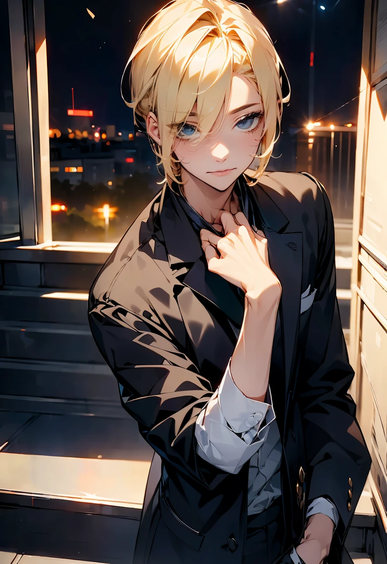 One male character, adult male, bishonen, pretty, handsome, yandere, soft smile, completely black eyes, blonde , stylish and modern clothes, pale skin, looking at camera, resting his face on his hand, date night, warm colors, creepy soft smile.