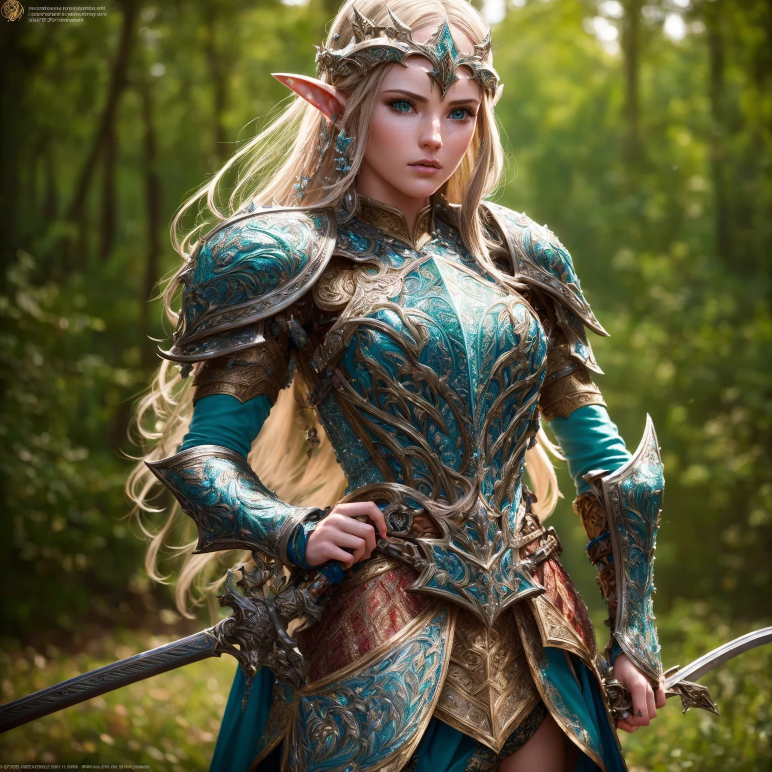 A highly detailed, 1girl, cinematic portrait of a wood elf paladin, standing with a long sword in both hands, wearing a tight, Light blue silver armor, with light green skin, in the style of Baldur's Gate and Dungeons & Dragons, (best quality, masterpiece:1.2), ultra-detailed, (realistic, photo-realistic:1.37), extremely detailed face and eyes, beautiful detailed lips, extremely intricate armor, ornate sword, dramatic lighting, cinematic composition, deep forest background, warm color tones, glowing energy effects, photorealistic, 4k, 8k, highres