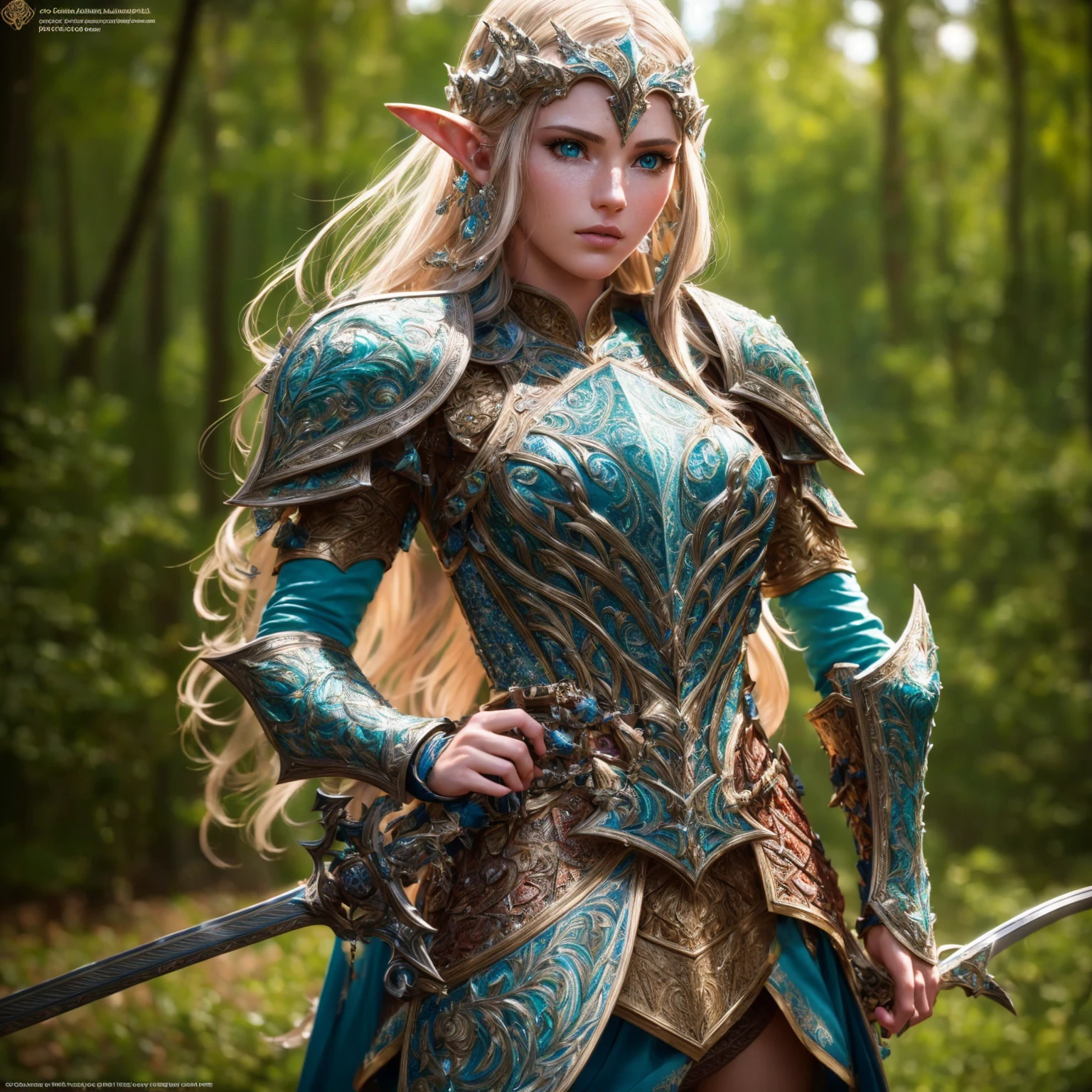 A highly detailed, 1girl, cinematic portrait of a wood elf paladin, standing with a long sword in both hands, wearing a tight, Light blue silver armor, with light green skin, in the style of Baldur's Gate and Dungeons & Dragons, (best quality, masterpiece:1.2), ultra-detailed, (realistic, photo-realistic:1.37), extremely detailed face and eyes, beautiful detailed lips, extremely intricate armor, ornate sword, dramatic lighting, cinematic composition, deep forest background, warm color tones, glowing energy effects, photorealistic, 4k, 8k, highres