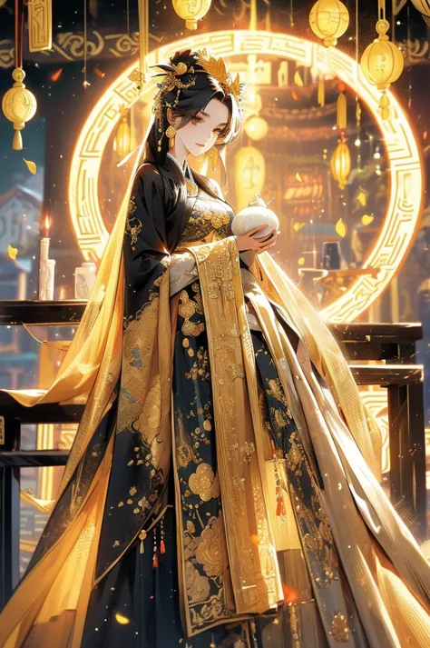 Black Hair, Immortal, Beauty, Royal sister, Stepmother, Gold Yellow Taoist robe, Golden Phoenix Coronet, Hair Bunch, Beautifulbr...