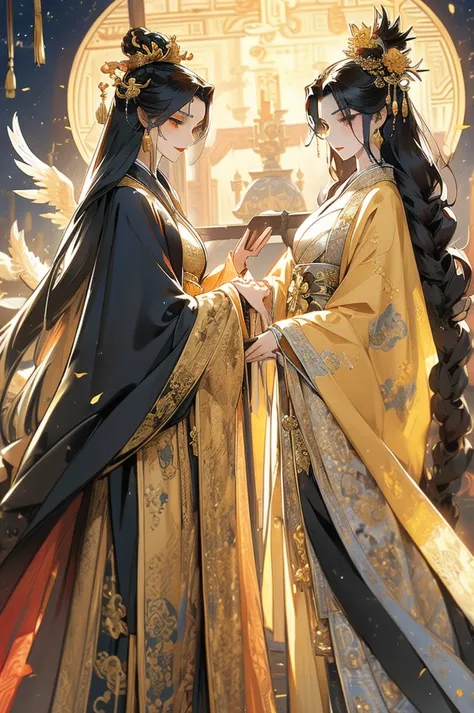 Black Hair, Immortal, Beauty, Royal sister, Stepmother, Gold Yellow Taoist robe, Golden Phoenix Coronet, Hair Bunch, Beautifulbr...