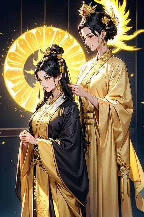 Black Hair, Immortal, Beauty, Royal sister, Stepmother, Gold Yellow Taoist robe, Golden Phoenix Coronet, Hair Bunch, Mature Woma...