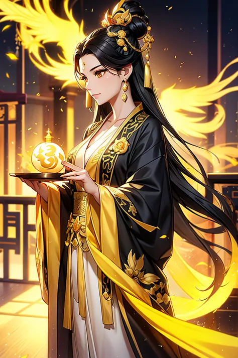 Black Hair, Immortal, Beauty, Royal sister, Stepmother, Gold Yellow Taoist robe, Golden Phoenix Coronet, Hair Bunch, Mature Woma...