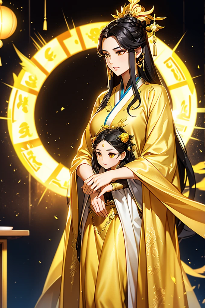 Black Hair, Immortal, Beauty, Royal sister, Stepmother, Gold Yellow Taoist robe, Golden Phoenix Coronet, Hair Bunch, Mature Woman，Sunshine