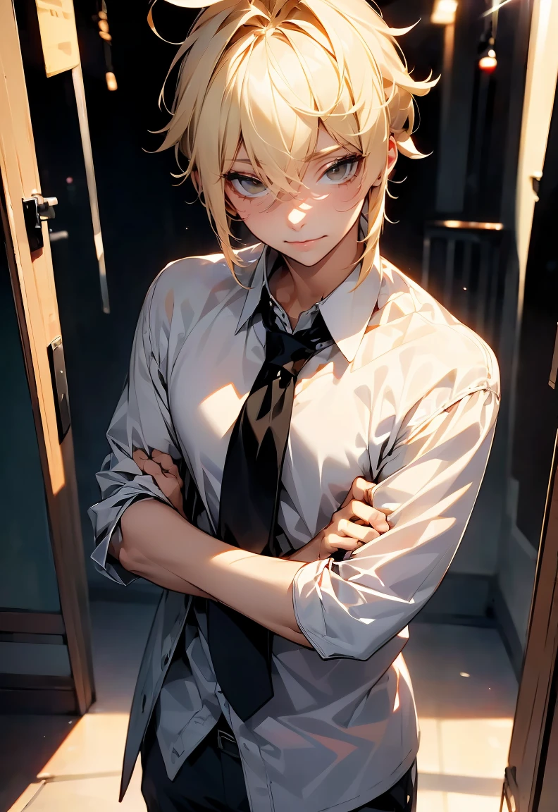 One male character, adult male, bishonen, pretty, handsome, yandere, soft smile, completely black eyes, blonde, short hair, messy hair , stylish and modern clothes, pale skin, looking at camera, resting his face on his hand, date night, warm colors, creepy soft smile.