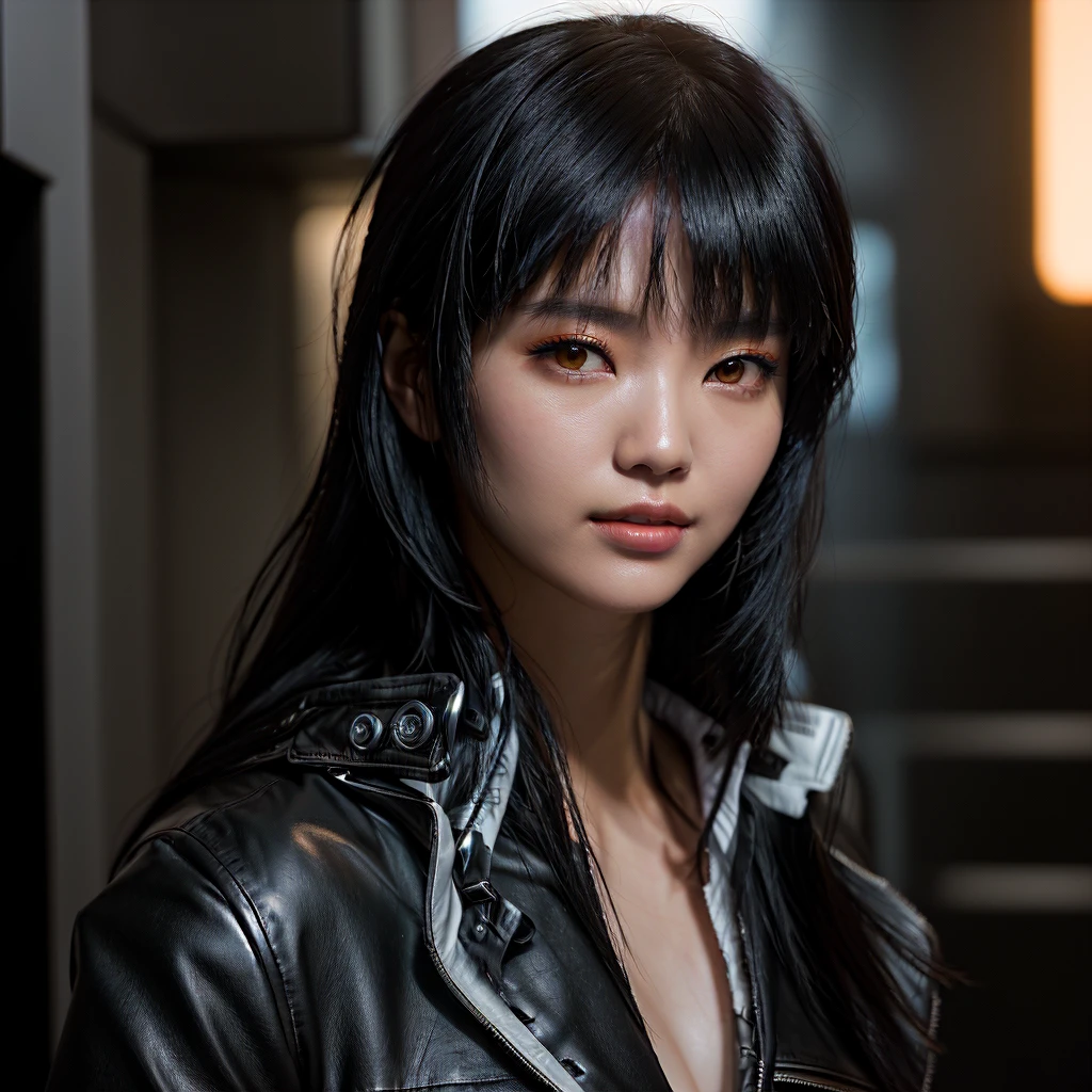 Alaf Asian woman in leather jacket poses for photo, She has black hair with bangs, seductive Tifa Lockhart portrait, Cyberpunk girl with jet black hair, Tifa Lockhart portrait, Super villain IU Lee Ji-eun, Ishida Sui with black hair, portrait of Tifa Lockhart, Tifa Lockhart, Inspired by Ma Yuanyu, Anime Girl Cosplay