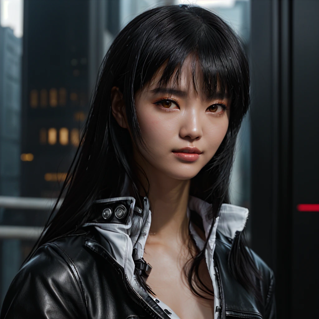 Alaf Asian woman in leather jacket poses for photo, She has black hair with bangs, seductive Tifa Lockhart portrait, Cyberpunk girl with jet black hair, Tifa Lockhart portrait, Super villain IU Lee Ji-eun, Ishida Sui with black hair, portrait of Tifa Lockhart, Tifa Lockhart, Inspired by Ma Yuanyu, Anime Girl Cosplay