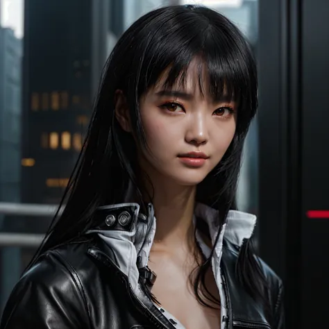 alaf asian woman in leather jacket poses for photo, she has black hair with bangs, seductive tifa lockhart portrait, cyberpunk g...