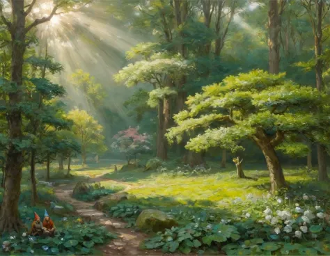 paint a celtic landscape with gnomes in tree leaves, rays of light pass through the leaves of the trees. pre-raphaelite painting...