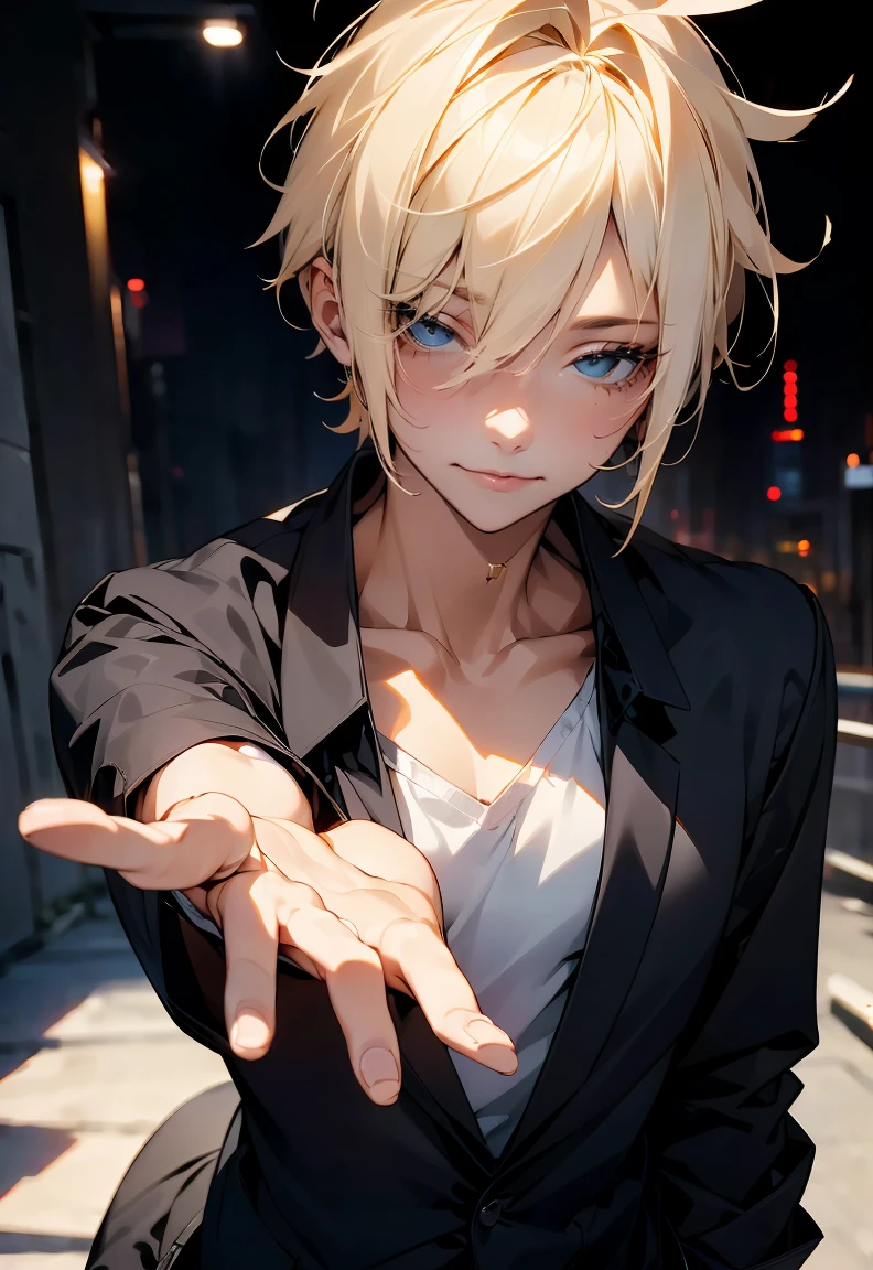 One male character, adult male, bishonen, pretty, handsome, yandere, soft smile, completely black eyes, blonde, short hair, messy hair , black modern clothes, pale skin, looking at camera, resting his face on his hand, date night, warm colors, creepy soft smile.