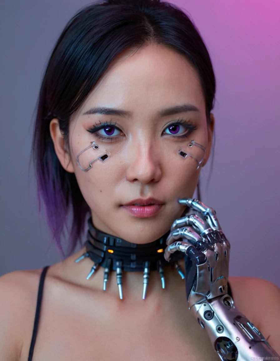 A stunning, 4K photo-realistic image of a cyberpunk ninja demi-human girl with a Korean face. She is adorned with intricate machine implants, including half a face that is replaced with cybernetic components, machine eyes, and battery-powered cyborg hands. Her black, spiked hair is intertwined with LED lights that flicker with various colors to match her mood. The soft, pinkish-purple lighting surrounds the model, enhancing the futuristic and captivating atmosphere. The seamless integration of her organic and mechanical components, along with her flawless beauty and detailed facial features, make this photograph an extraordinary piece of art. The high-resolution image showcases her perfect eyes, perfect skin, and detailed facial features, while the minimalist background allows her to be the focal point of the image. This hyperrealistic photo embodies the perfect blend, photo