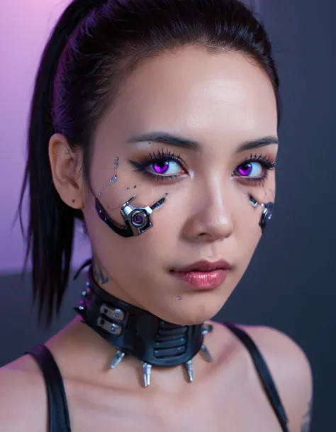 a stunning, 4k photo-realistic image of a cyberpunk ninja demi-human girl with a korean face. she is adorned with intricate mach...