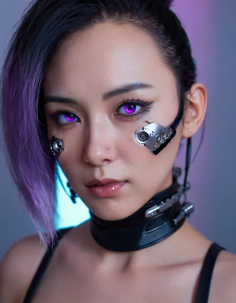 a stunning, 4k photo-realistic image of a cyberpunk ninja demi-human girl with a korean face. she is adorned with intricate mach...