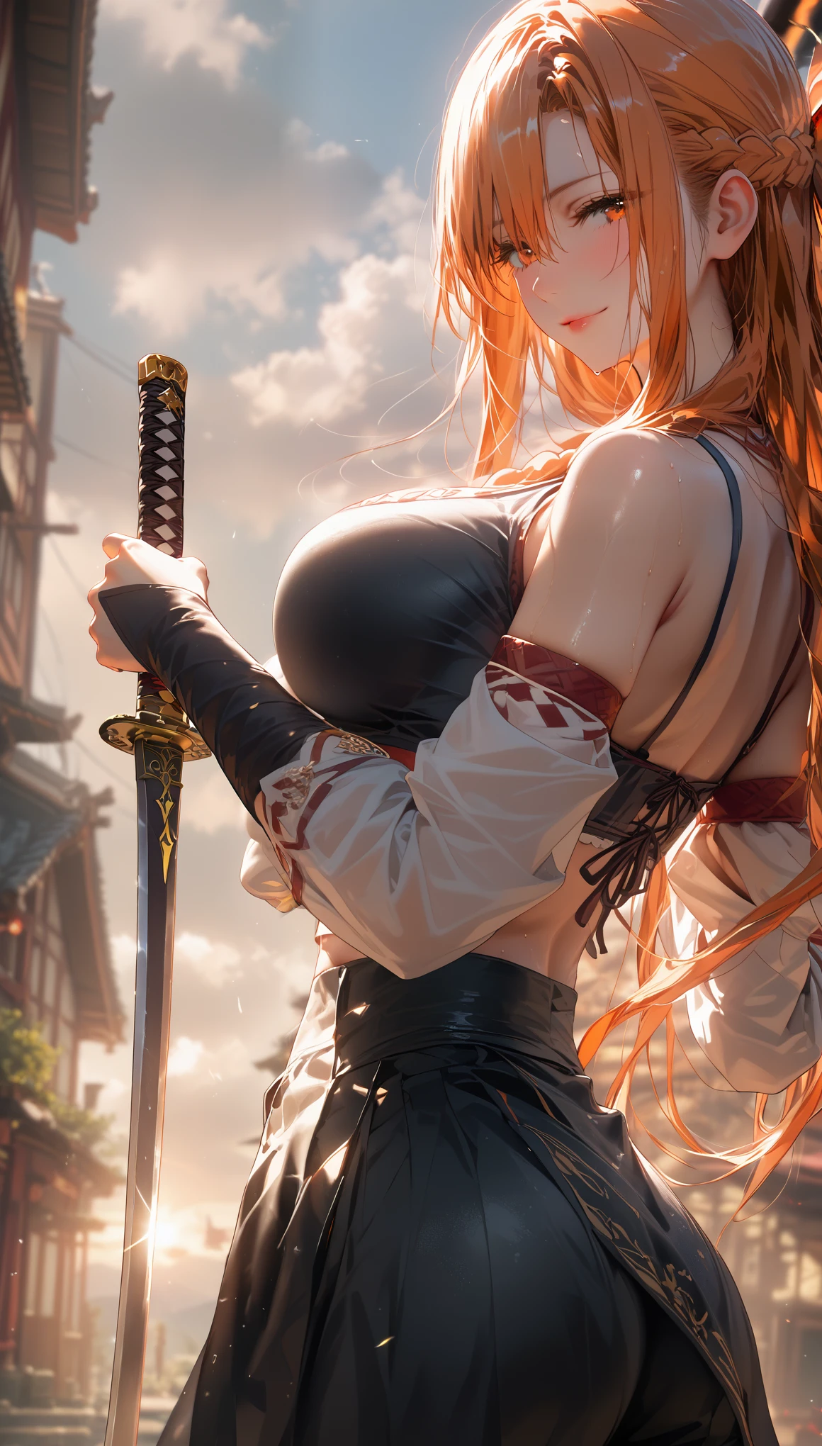 score_9, score_8_up, score_7_up, score_6_up, uncensored, asuna yuuki, orange hair, fold, braid, long hair, orange eyes, naughty face, shiny skin, sweating, BREAK glow effects, godrays, Hand drawn, render, 8k, octane render, cinema 4d, blender, dark, atmospheric 4k ultra detailed, cinematic, Sharp focus, big depth of field, Masterpiece, colors, 4k, concept art, trending on artstation, Vivid colors, extremely detailed CG unity 8k wallpaper, trending on CGSociety, Intricate, High Detail, dramatic BREAK, sword, holding, solo, wide_sleeves, 1girl, holding_sword, bare_shoulders, detached_sleeves, looking_at_viewer, long_sleeves, standing, breasts, floating_hair, sunset, katana, cowboy_shot, cloud, midriff, large breasts, looking_back, back, 