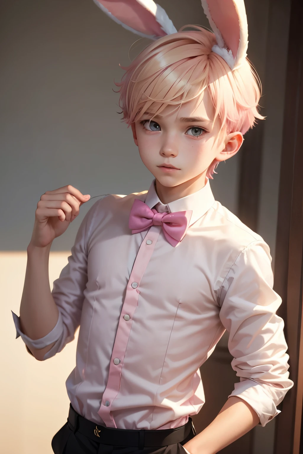 1boy, male, cute face, innocent face, bunny ears, blonde hair, pink hair, short hair, neat hair, bow tie, thin body, sexy