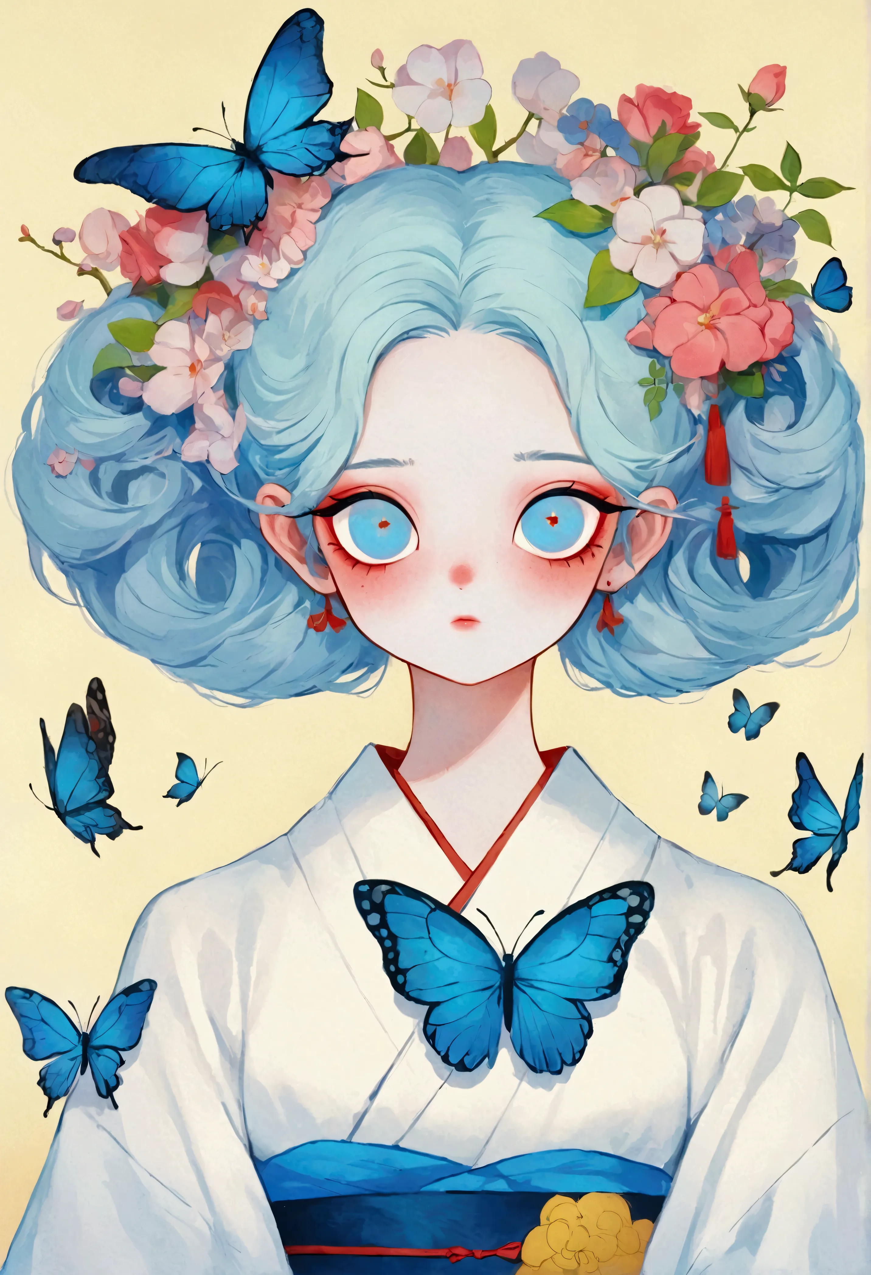 the painting shows a woman wearing a japanese kimono，there are butterflies and eyes on the head, james jean (james jean) inspire...