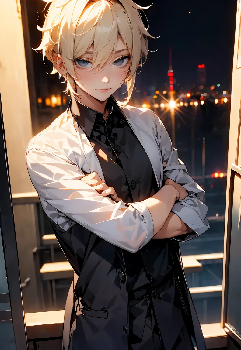 One male character, adult male, bishonen, pretty, handsome, yandere, soft smile, completely black eyes, blonde, short hair, messy hair , black modern clothes, pale skin, looking at camera, charming pose, date night, warm colors, creepy soft smile.