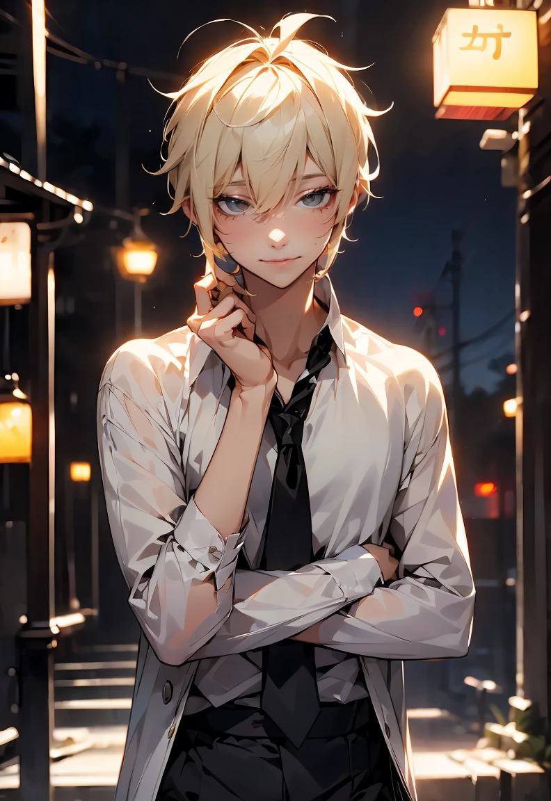 One male character, adult male, bishonen, pretty, handsome, yandere, soft smile, completely black eyes, blonde, short hair, messy hair , black modern clothes, pale skin, looking at camera, charming pose, date night, warm colors, creepy soft smile.