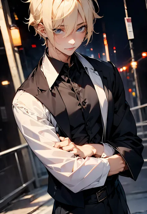 one male character, adult male, bishonen, pretty, handsome, yandere, soft smile, completely black eyes, blonde, short hair, mess...