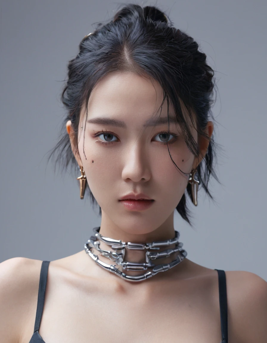 A stunning 4K photo-realistic image of a cyberpunk demi-human girl with an Asian face. Her visage is adorned with intricate machine implants, including a sleek silver visor that covers her eyes, revealing only a small slit for vision. These implants enable advanced sensory input and communication with her cybernetic systems.

Her skin is pale, with visible scars that tell a story of her past battles and a faint line where her flesh meets the cold metal of her implants. The seams are barely noticeable, indicating skilled integration between her organic and mechanical components.

Her hair is black, spiked up in an aggressive yet stylish manner. Small LED lights are integrated into the strands, flickering with various colors to match her mood. The hair is a statement piece, reflecting her rebellious spirit. The overall atmosphere of the image is captivating, photo, her body is embedded with mechanical implants under the skin, cyborg arms,  cyberware lines embedded in her face, , (Photorealsitic)、(intricate detailes:1.2)、(​masterpiece、:1.3)、beauty face, (top-quality:1.4)、(超A high resolution:1.2)、超A high resolution、(A detailed eye)、(detailed facial features), ((Realistic lighting、top-quality、8K、natural light, ​masterpiece:1.3))、bright photo, Clear focus:1.2、1girl in、flawless beauty:1.4、Superfine Face、big Narrow-eyed、double eyelid、photos realistic, perfect eyes, perfect skin, detailed skin, detailed face, looking viewer, front view, potrait, raw photo, simple soft pink background, (intricate detailed skin textured:1.4) front view, looking viewer, clear face, 1 girl、porate、Bright and very beautiful face、beautiful girl, A stunning close-up portrait showcasing the beauty of a Korean model. The composition features soft, natural lighting , bright eyes, and striking cheekbones.