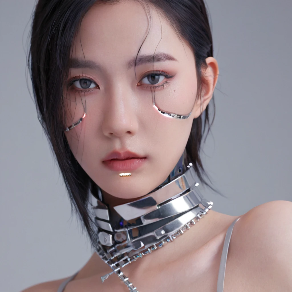 A stunning 4K photo-realistic image of a cyberpunk demi-human girl with an Asian face. Her visage is adorned with intricate machine implants, including a sleek silver visor that covers her eyes, revealing only a small slit for vision. These implants enable advanced sensory input and communication with her cybernetic systems.

Her skin is pale, with visible scars that tell a story of her past battles and a faint line where her flesh meets the cold metal of her implants. The seams are barely noticeable, indicating skilled integration between her organic and mechanical components.

Her hair is black, spiked up in an aggressive yet stylish manner. Small LED lights are integrated into the strands, flickering with various colors to match her mood. The hair is a statement piece, reflecting her rebellious spirit. The overall atmosphere of the image is captivating, photo, her body is embedded with mechanical implants under the skin, cyborg arms,  cyberware lines embedded in her face, , (Photorealsitic)、(intricate detailes:1.2)、(​masterpiece、:1.3)、beauty face, (top-quality:1.4)、(超A high resolution:1.2)、超A high resolution、(A detailed eye)、(detailed facial features), ((Realistic lighting、top-quality、8K、natural light, ​masterpiece:1.3))、bright photo, Clear focus:1.2、1girl in、flawless beauty:1.4、Superfine Face、big Narrow-eyed、double eyelid、photos realistic, perfect eyes, perfect skin, detailed skin, detailed face, looking viewer, front view, potrait, raw photo, simple soft pink background, (intricate detailed skin textured:1.4) front view, looking viewer, clear face, 1 girl、porate、Bright and very beautiful face、beautiful girl, A stunning close-up portrait showcasing the beauty of a Korean model. The composition features soft, natural lighting , bright eyes, and striking cheekbones.