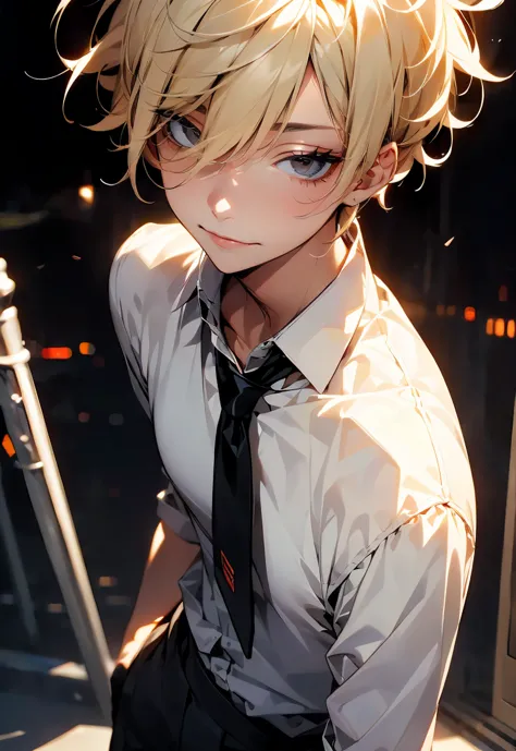 one male character, adult male, bishonen, pretty, handsome, yandere, soft smile, completely black eyes, blonde, short hair, mess...