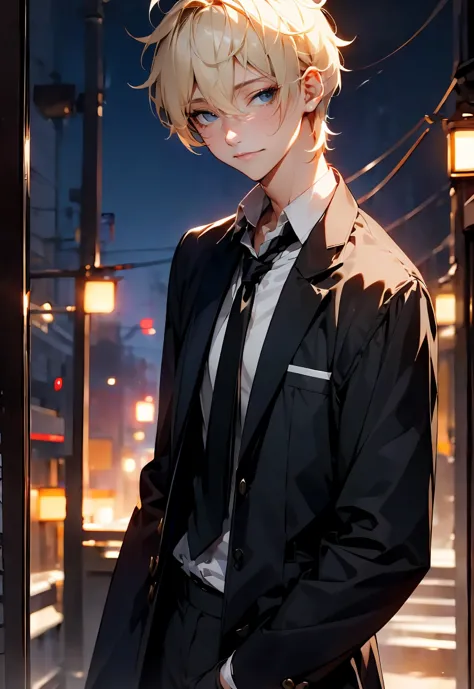 one male character, adult male, bishonen, pretty, handsome, yandere, soft smile, completely black eyes, blonde, short hair, mess...