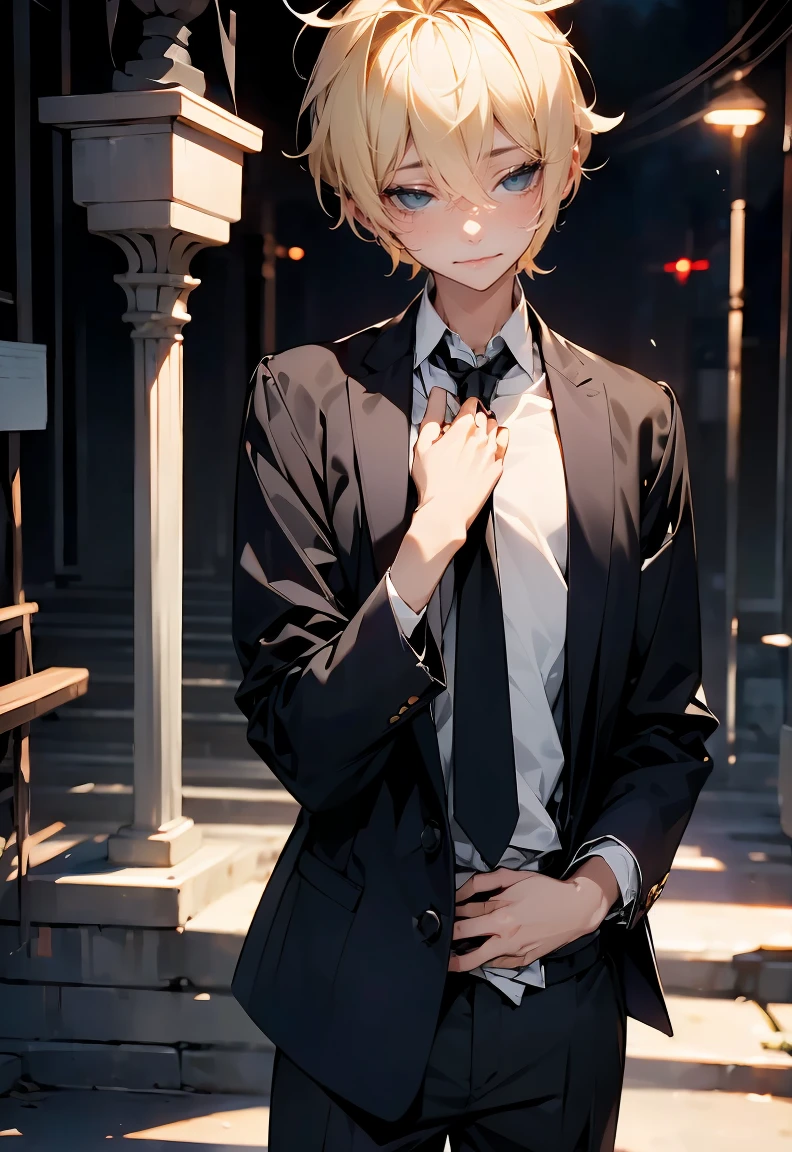 One male character, adult male, bishonen, pretty, handsome, yandere, soft smile, completely black eyes, blonde, short hair, messy hair , black modern clothes, pale skin, looking at camera, charming pose, date night, warm colors, creepy soft smile.