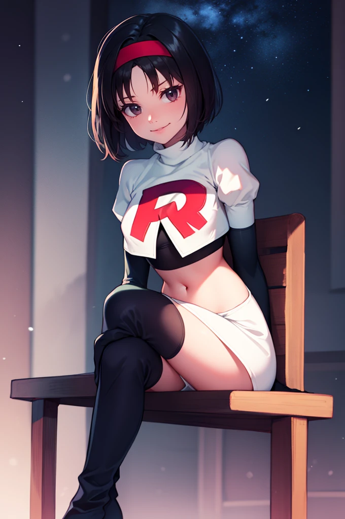 Erik, headband, short hair ,team rocket uniform, red letter R, white skirt,white crop top,black thigh-high boots, black elbow gloves, smile, looking at viewer, cowboy shot, sitting down legs crossed, night sky background