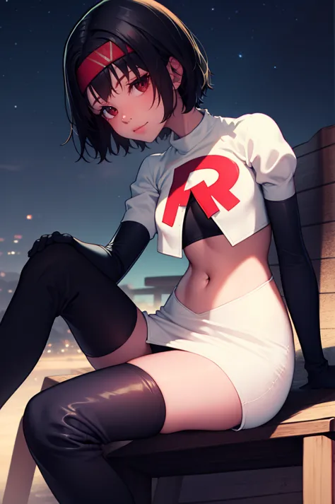 erik, headband, short hair ,team rocket uniform, red letter r, white skirt,white crop top,black thigh-high boots, black elbow gl...