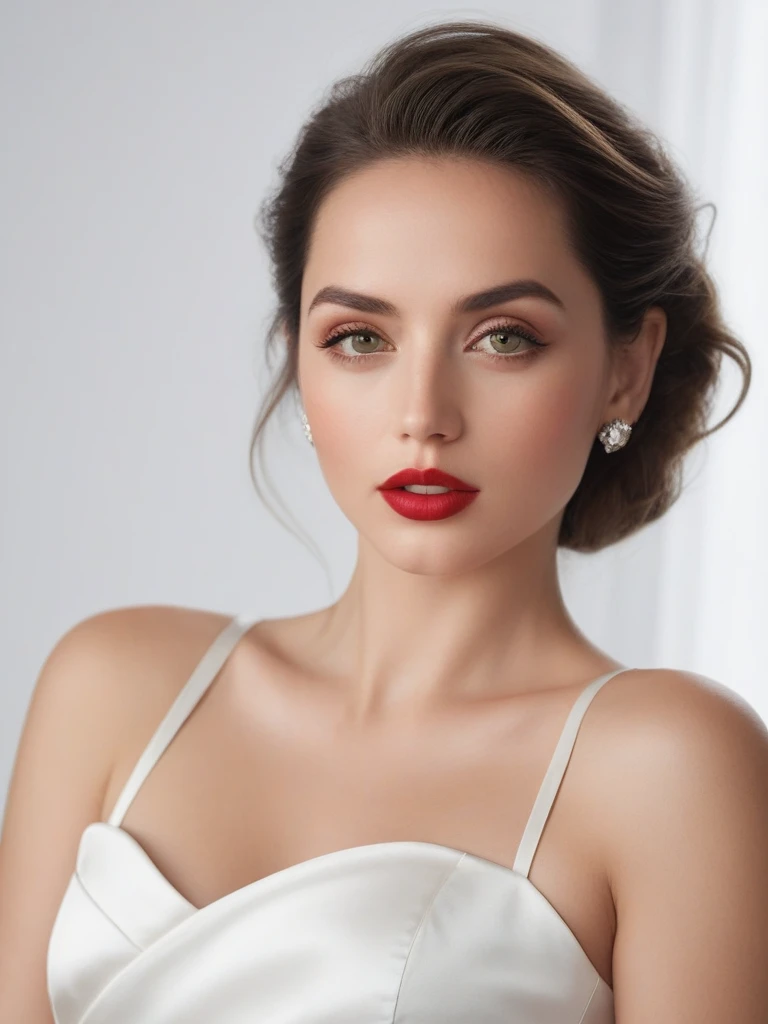 (best quality,4k,8k,highres,masterpiece:1.2),ultra-detailed,(realistic,photorealistic,photo-realistic:1.37),beautiful eyes,beautiful lips,detailed face,red lipstick,gorgeous woman,white dress,elegant fashion model,elegant look,long eyelashes,confident expression,flawless skin,posing gracefully,flowing fabric,soft and silky material,graceful movement,vibrant colors,artistic lighting,studio photo shoot, dreamy atmosphere