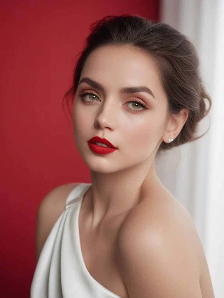 (best quality,4k,8k,highres,masterpiece:1.2),ultra-detailed,(realistic,photorealistic,photo-realistic:1.37),beautiful eyes,beautiful lips,detailed face,red lipstick,gorgeous woman,white dress,elegant fashion model,elegant look,long eyelashes,confident expression,flawless skin,posing gracefully,flowing fabric,soft and silky material,graceful movement,vibrant colors,artistic lighting,studio photo shoot, dreamy atmosphere