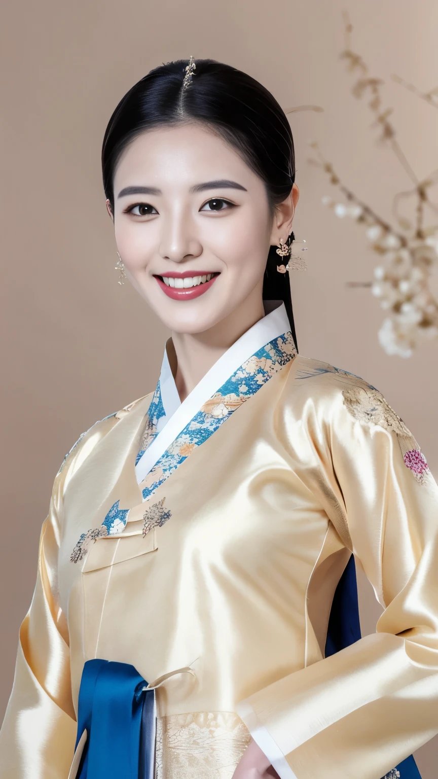 Woman wearing Chinese clothing,Upper body portrait,looking at viewer, Korean, 30 years-old, One of the three most beautiful women in the Korean, A beauty known all over the world, (light Black hair, beautiful lip, smile, earring ), (middle breasts, slender whist, wide hip ) ,(Silk Korean Hanbok clothing ,background wear color is White), Royal cloth, Korean shoes ),(masterpiece, highest quality, High resolution, Photo realistic, sharp, RAW Photos, 8k wallpaper, perfection, Professional Lighting, Very detailed)