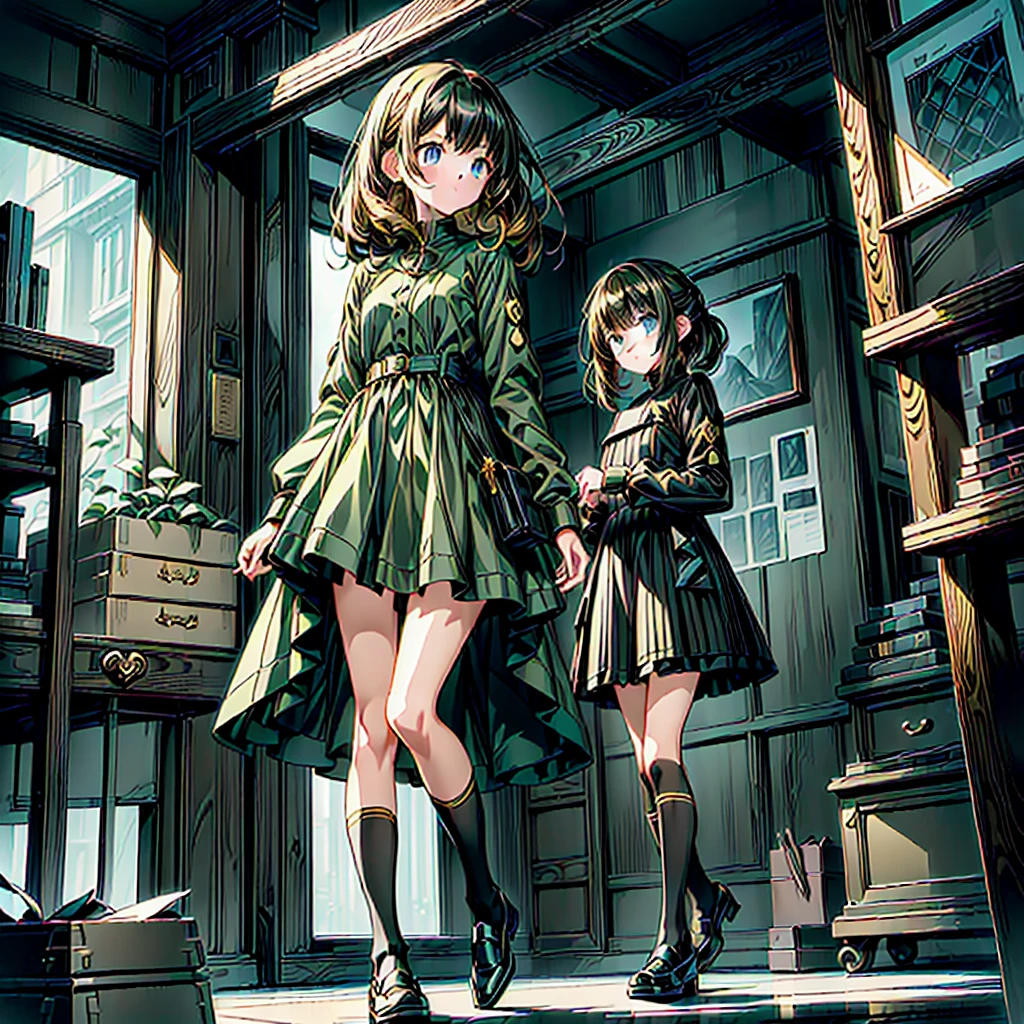 1girl、(((Highest quality、Masterpiece、Official Art、Super detailed、Golden Ratio、Anime Style、The best dynamic composition)))、Keyakizaka46、Silent Majority、Dark green dress、A-type dress、Above the knee、Black knee-high socks、Black Loafers、uniform、