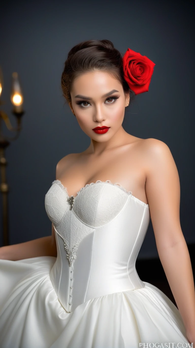 (best quality,4k,8k,highres,masterpiece:1.2),ultra-detailed,(realistic,photorealistic,photo-realistic:1.37),beautiful eyes,beautiful lips,detailed face,red lipstick,gorgeous woman,white dress,elegant fashion model,elegant look,long eyelashes,confident expression,flawless skin,posing gracefully,head to stomach shot, black lace strapless corset, medium Breasts,flowing fabric,soft and silky material,graceful movement,vibrant colors,artistic lighting,studio photo shoot, dreamy atmosphere