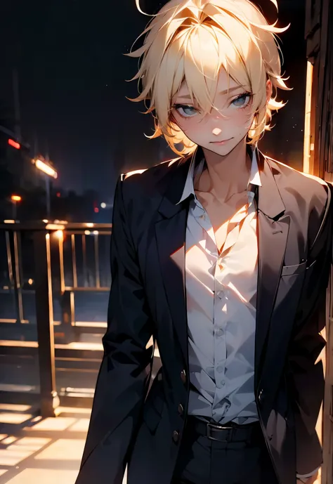 one male character, adult male, bishonen, pretty, handsome, yandere, soft smile, completely black eyes, blonde, short hair, mess...