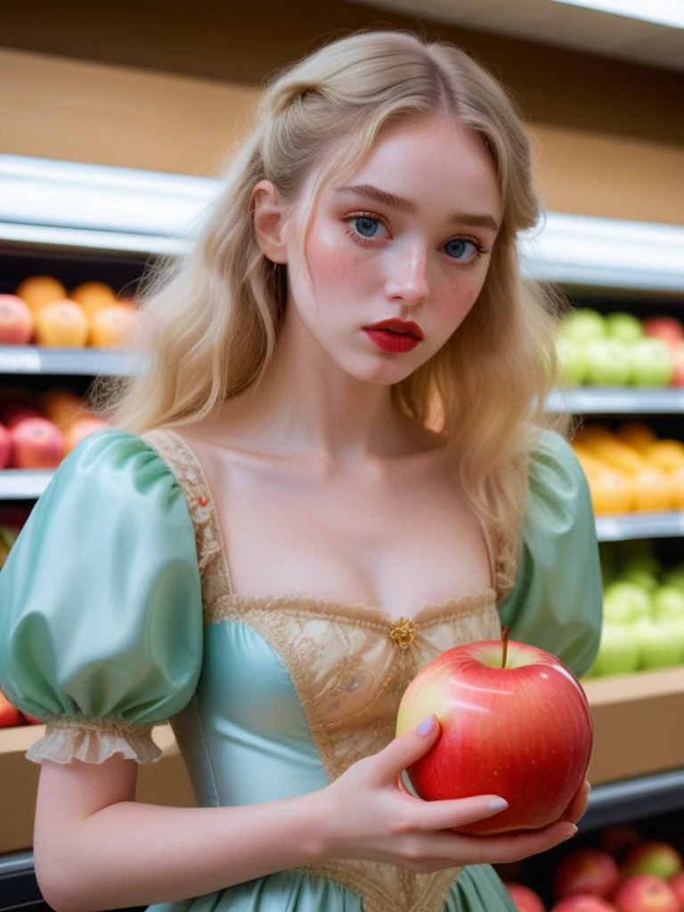 brightly-lit supermarket, a young woman is holding a strange and unusually large glowing apple, wrapped in a translucent film, and its glow illuminates the woman's face, casting an ethereal light on her pale, flawless skin. She has pale freckled still, delicate features, and long blonde hair. dark mascara, dark eyeliner, glossy, red lipstick, She is dressed in a tight rococo mini-dress. puffy sleeves, Her eyes are downcast, and her expressive face is tinged with sadness, as if she is embarrassed to be seen with the unusual apple. 