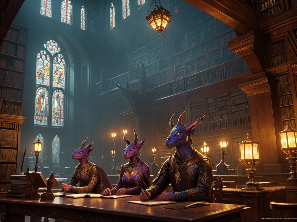 a fantastical old library, majestic, huge, bioluminescent mineral gems illuminating the interior, large stained glass window in the background, desks and chairs, (best quality,8k,highres,masterpiece:1.2),ultra-detailed,realistic,photorealistic,photo-realistic:1.37,ornate,medieval,dramatic lighting,intricate architecture,detailed textures,moody atmosphere,warm colors, with some Librarian Kobolds from a distance in the background, Kobolds, scalie, anthro, kobold female, kobold male, women, men, flat chested, flat breasts, horns  